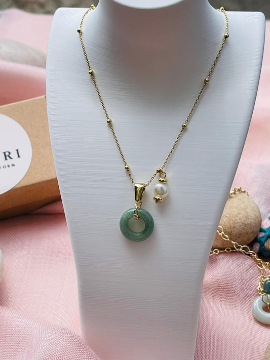 Nagori natural jade donut necklace with pearl accent front view