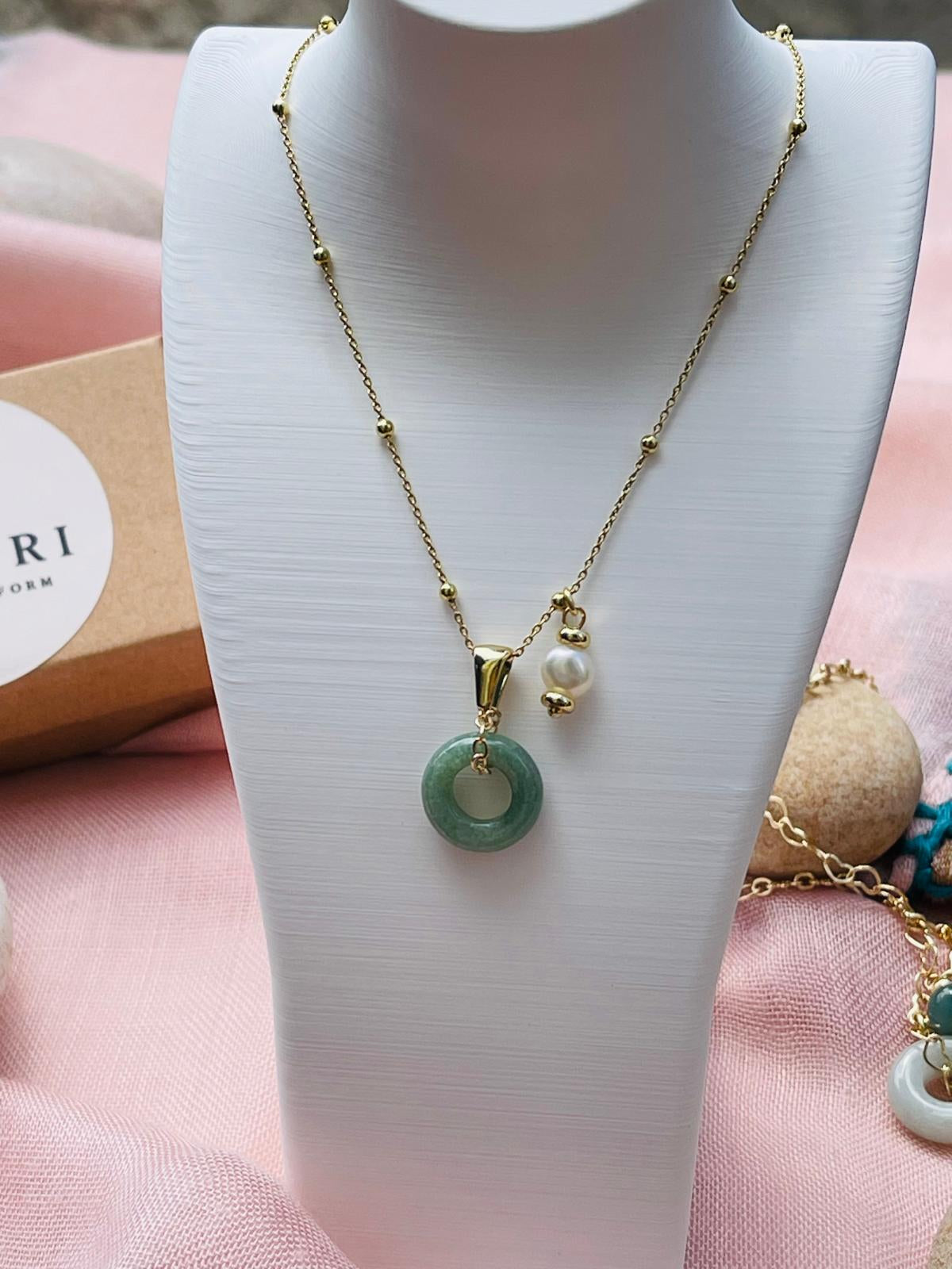 Nagori natural jade donut necklace with pearl accent front view